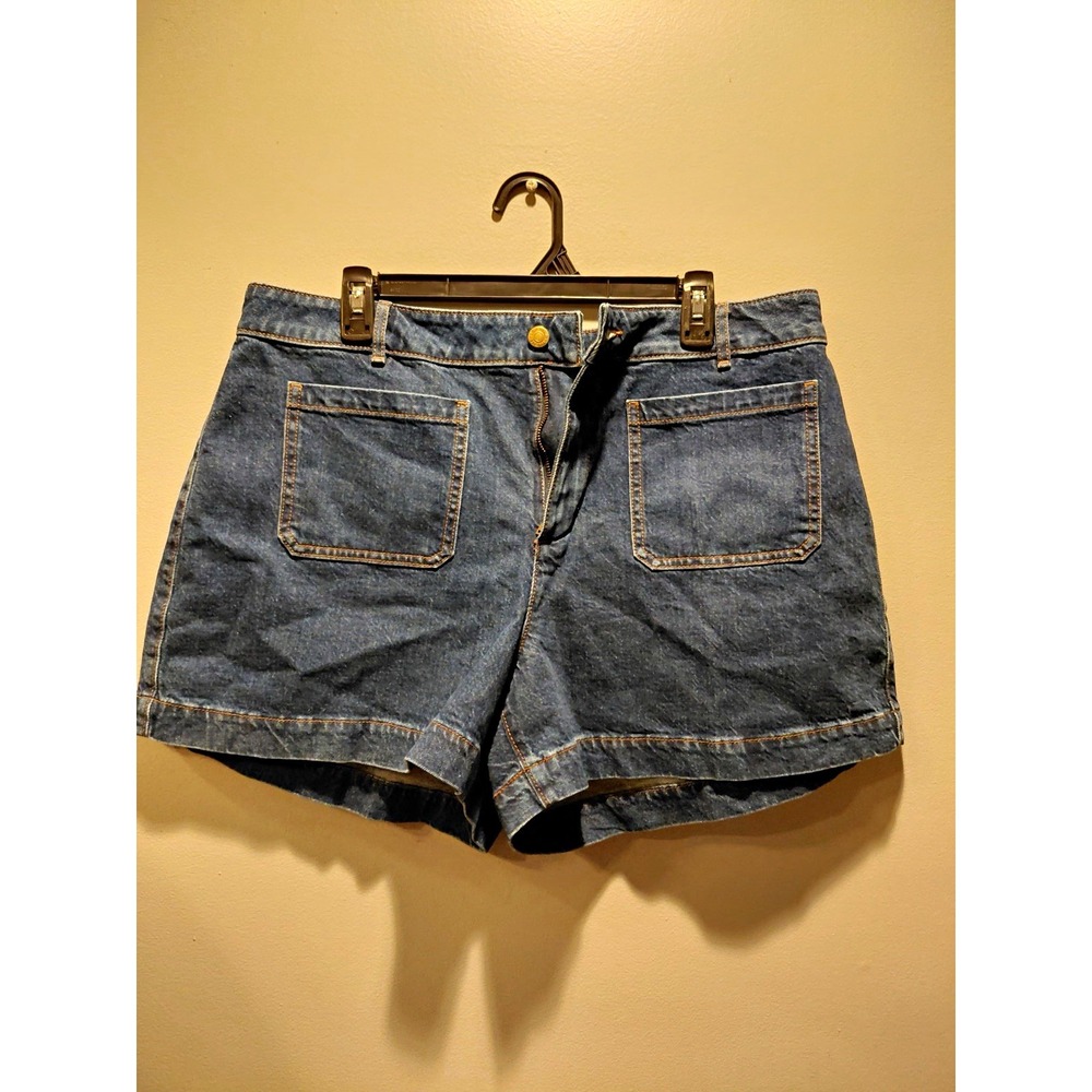 64- NWT LOFT Women's Blue Denim Chino Shorts Size 14 (32) Mid Rise Pockets